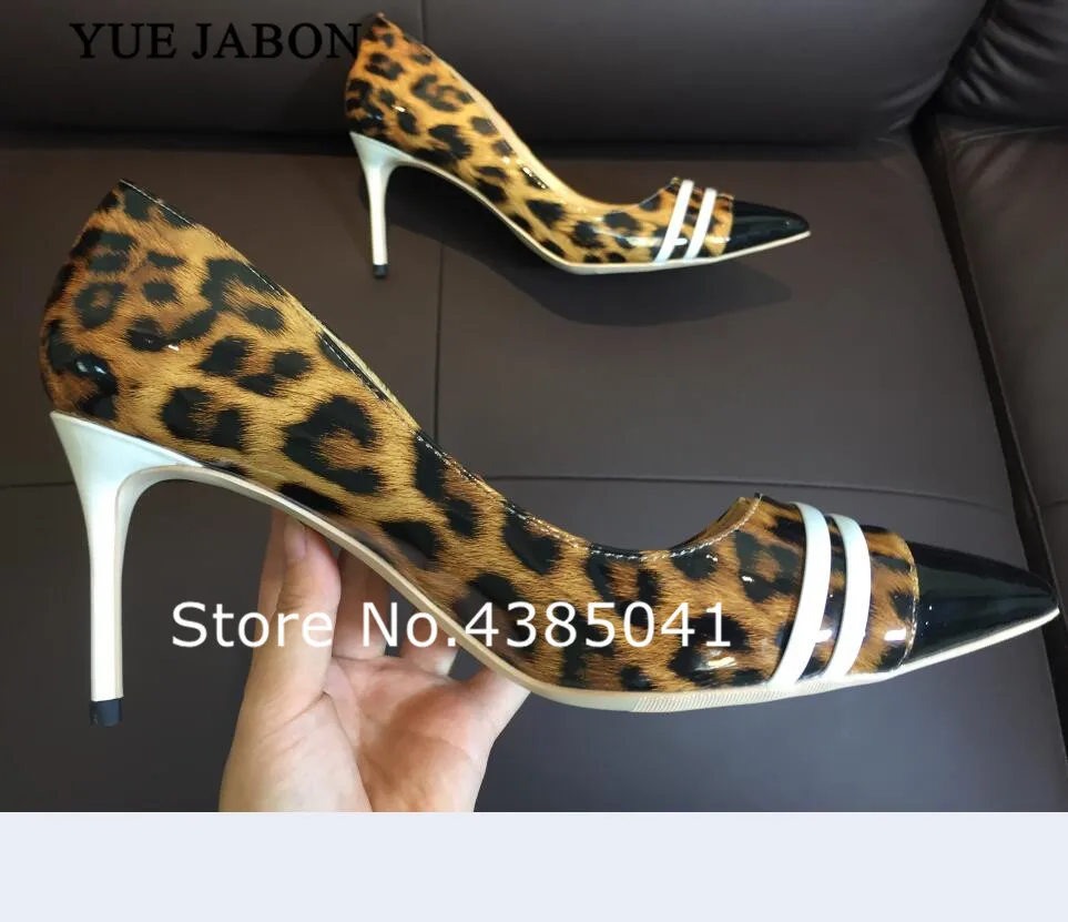 

YUE JABON Women Leopard Patent Leather Pumps Pointed Toe 8-12cm Stiletto Ultra High Heel Sexy Ladies Party Shoes Size35-43