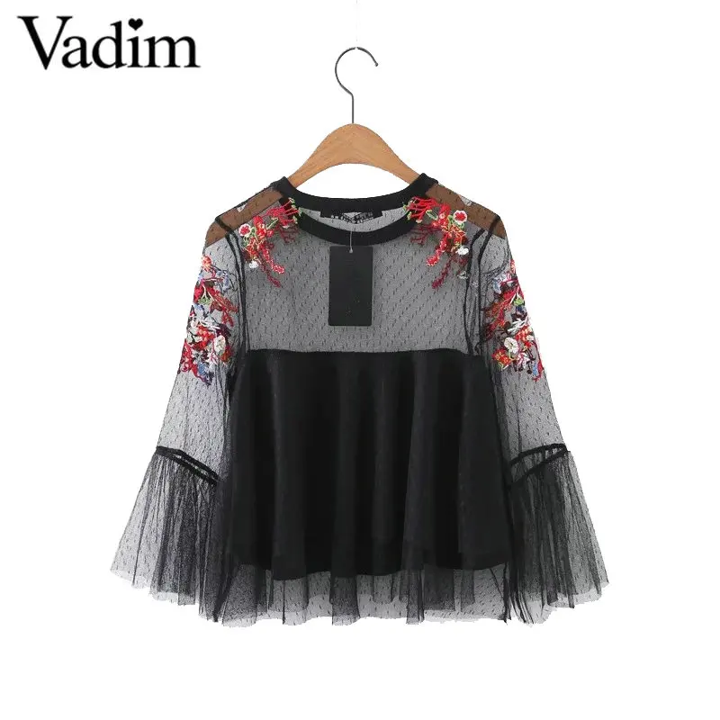 Женская блузка прозрачная с цветочной вышивкой сетчатая подкладкой LT1798 | одежда