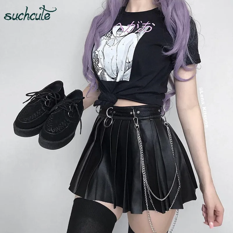 SUCHCUTE Женская юбка кожаная короткая юбка мода плиссированная короткая мини-юбки готический танец корейский стиль Saia Midi