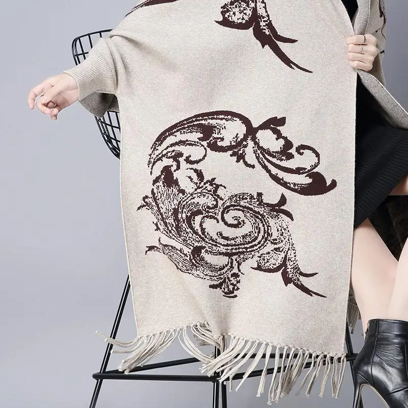 Women's Elegant Loose Tassel Bat Sleeve Autumn Winter Cashmere Knitted Cardigan Sweater Scarf Cape Outwear |