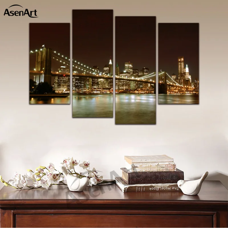 4 Panels Wall Art Canvas Print Brooklyn Bridge Painting Night Landscape Pictures poster for Bedroom Modern Home Decor Unframed | Дом и сад