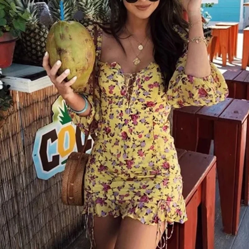 Женское мини-платье с принтом GALCAUR летнее платье квадратным вырезом