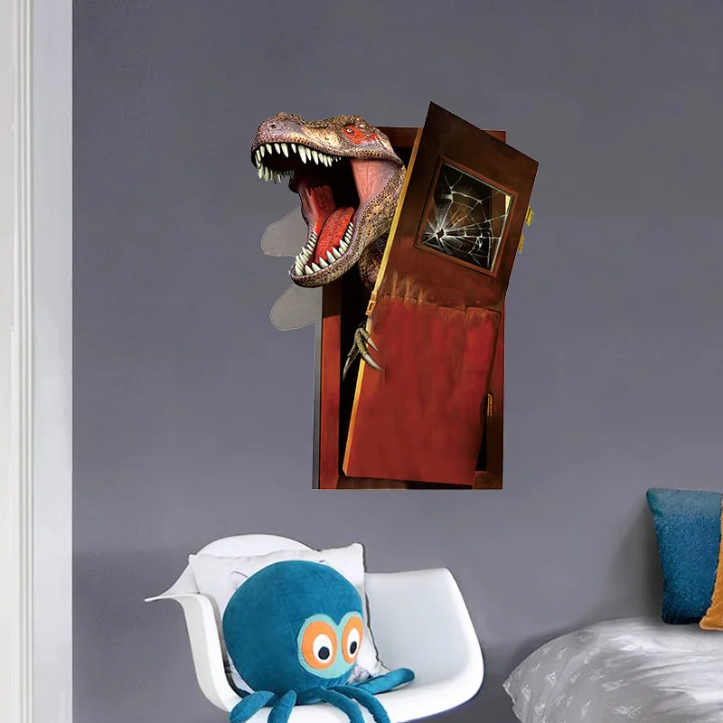 3d cartoon angry dinosaur broken door vinyl wall stickers kids room bedroom nursery decals removable murals home decor dc8 | Дом и сад