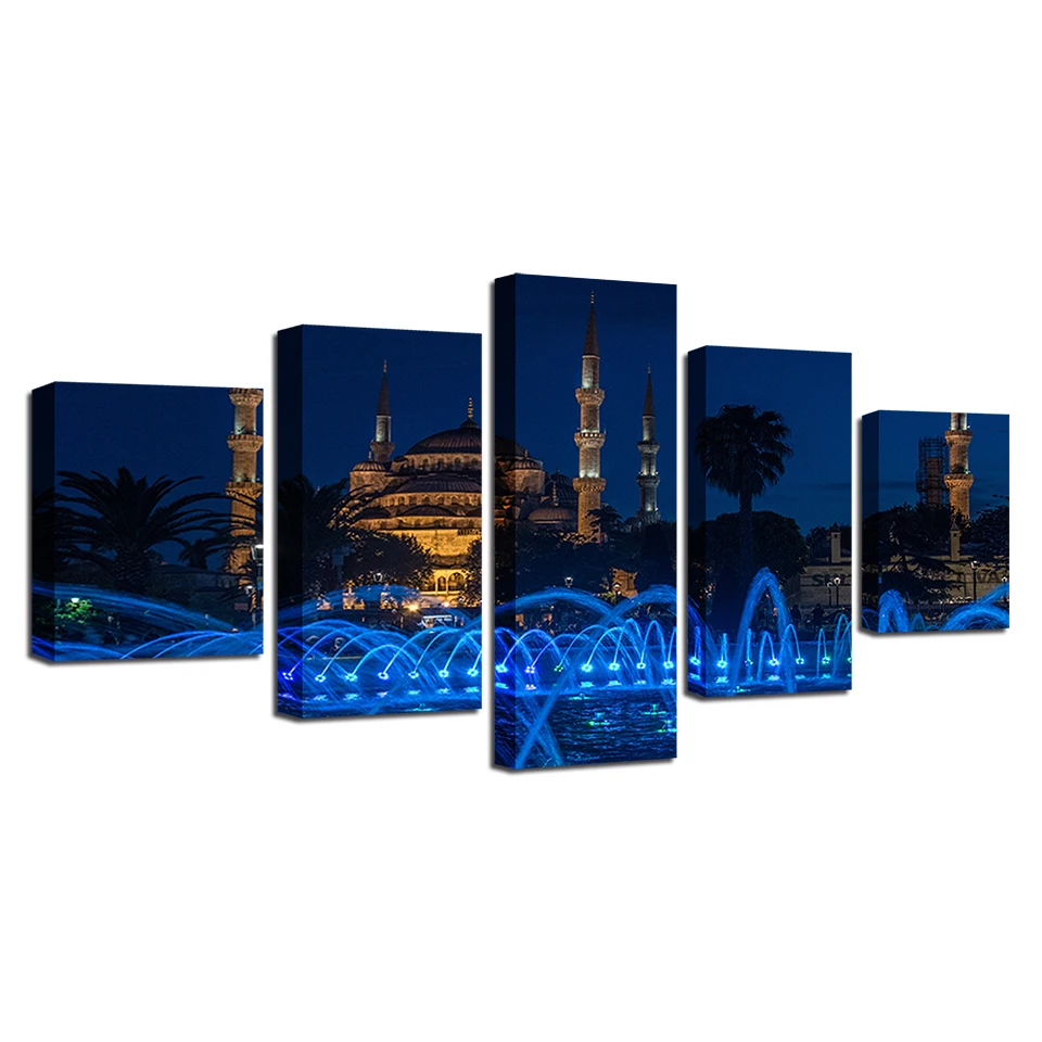 

5 Pieces Wall Art Canvas HD Prints Blue Mosque And Fountain Scenery Poster Islamic Religious Paintings Home Decor Pictures