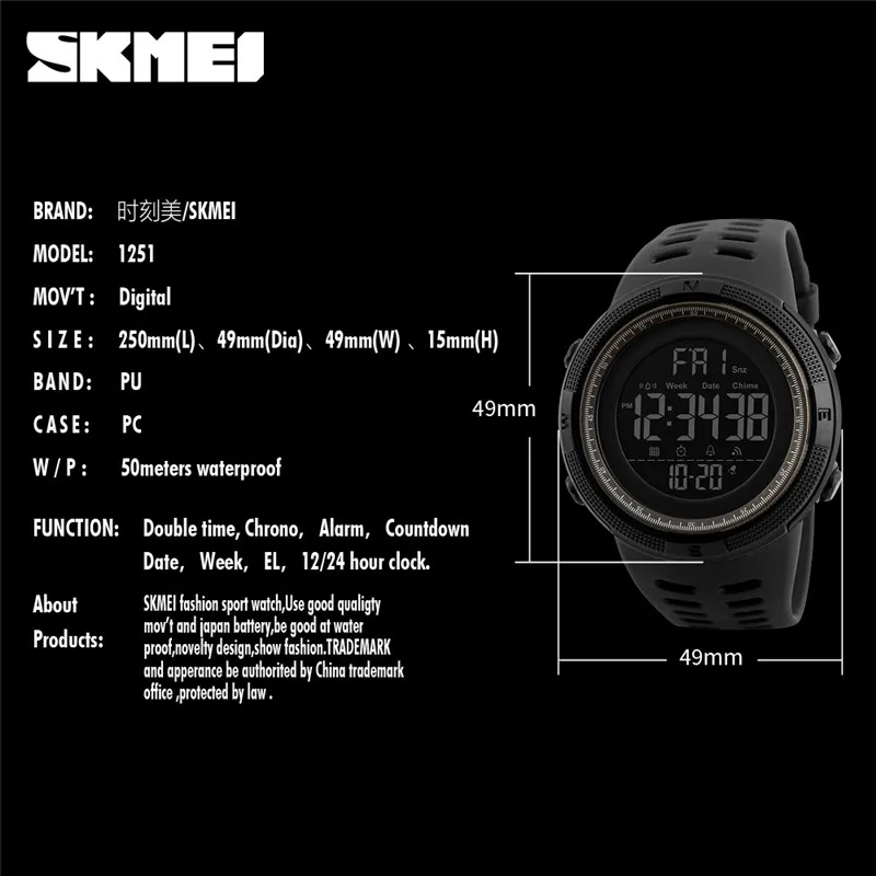 SKMEI модные светодиодные цифровые часы мужские военные спортивные с двойным