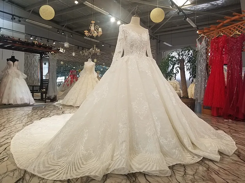 LS6111 чистое Новое свадебное платье с длинным прозрачным рукавом бальное высокое