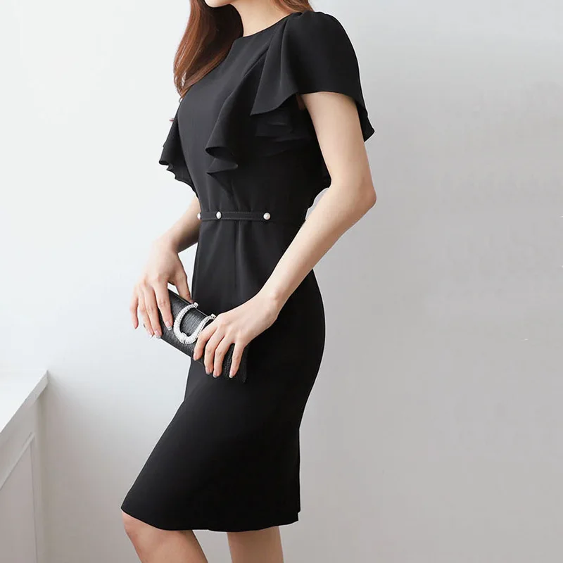 

Plus Size Black OL Office Work Dress for Women Ruffles Sheath Bodycon Wrap Dress Women with Sashes Yellow Summer Dress 2019 Robe