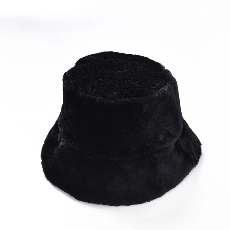 Черный Fur Thick Warm Winter Bucket Hat Women Solid Color Girls Flat Top Velvet Fedoras Ladies Plush Bob Feminios Fashion Gorras - Цвет: Черный