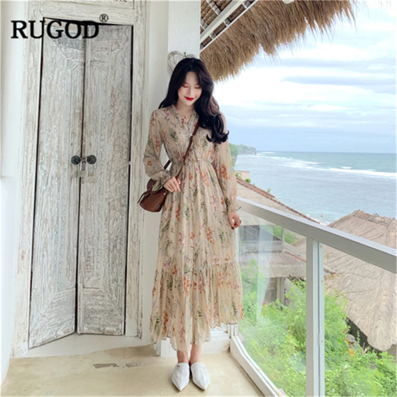 Женское платье с цветочным принтом RUGOD винтажное до середины икры треугольным