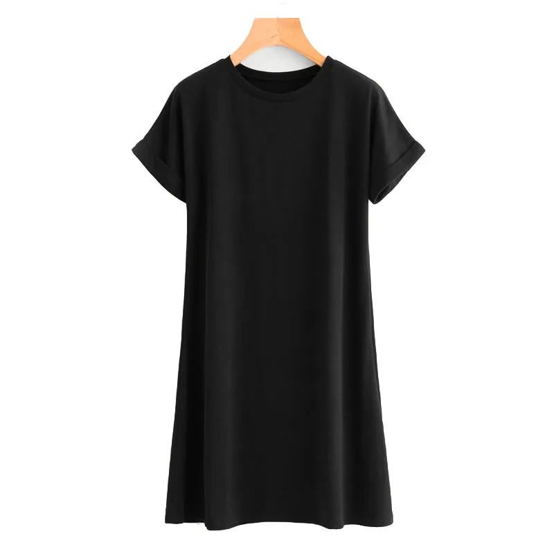 Dotfashion, свернутый рукав, тройник, короткое платье,, черная туника с круглым вырезом, базовое платье, женское летнее платье с коротким рукавом