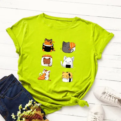 green SINGRAIN, милые суши, большие размеры, женская футболка, модная, летняя, короткий рукав, базовые футболки, топы, милый кот, мультфильм, хлопковая Футболка с принтом - Цвет: green