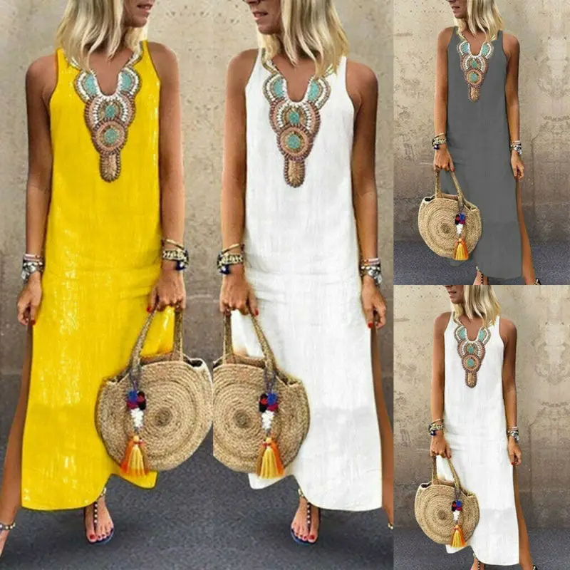 

Women's Printed Sleeveless V-neck Maxi Dress Split Hem Baggy Kaftan Long Dress