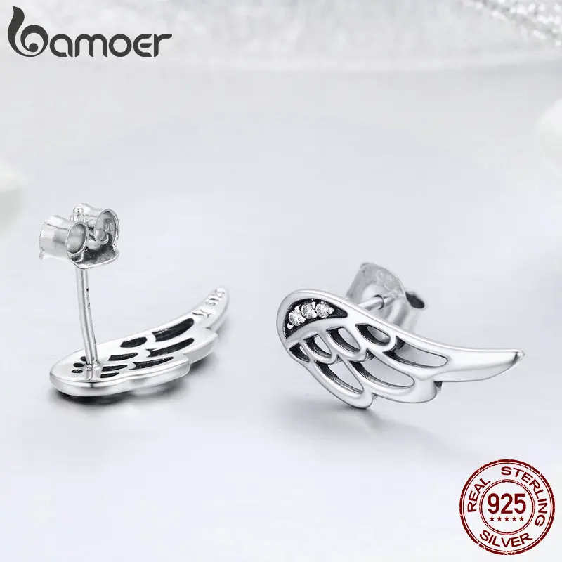 BAMOER серьги-гвоздики из натуральной 925 пробы с серебряными перьями и крыльями феи, серебряные серьги для женщин, модное серебряное ювелирное изделие на Рождество SCE343