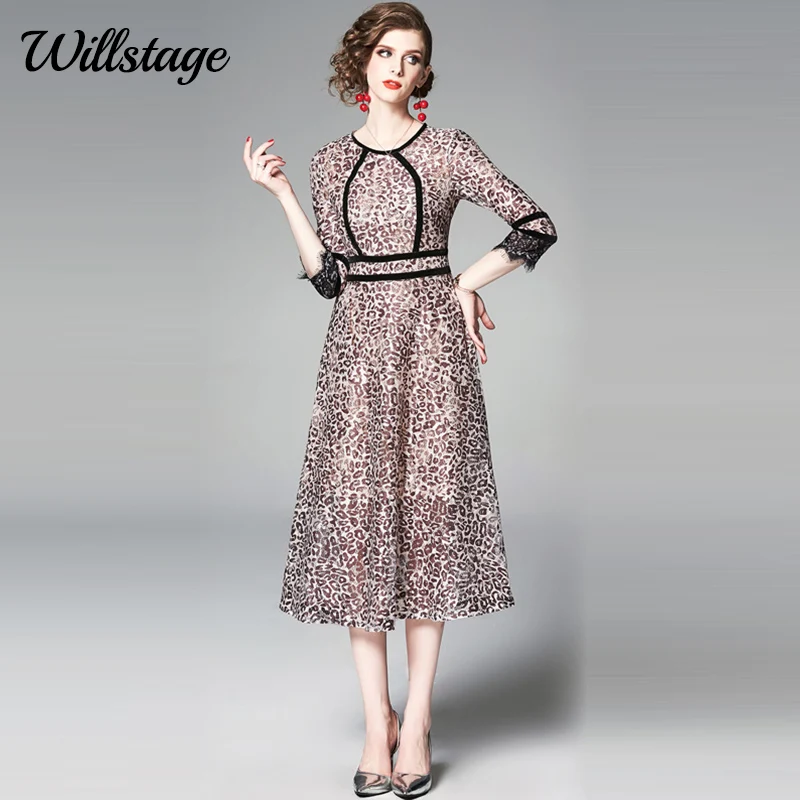 Willstage Leopard printed lace dress A line high quality Vintage Elegant Dresses splicing women 2019 Summer Autumn vestidos | Женская