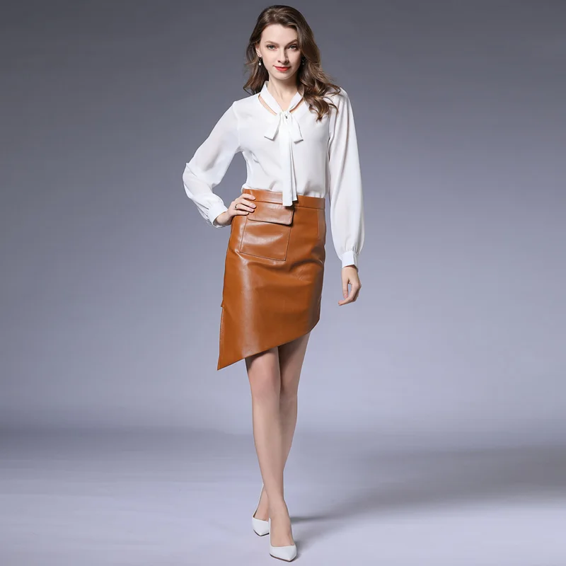 

BLLOCUE 2019 Autumn Bow Tie Collar Chiffon Long-Sleeve Shirt +High Waist Irregular PU Leather Skirt Set Women Runway Two-Piece