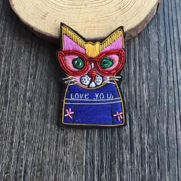 Hand-Made Glasses Cat Indian Silk Emboridered Patch Brooch Applique Patches Vintage Embroidered Badge Fashion Clothing Decor | Дом и сад