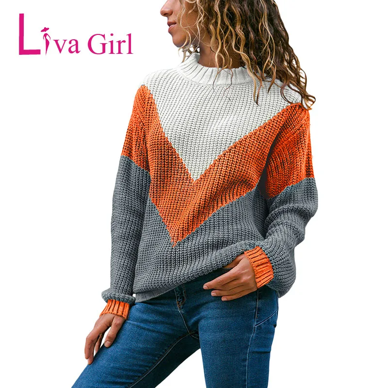 Liva Girl Winter Autumn Casual Knit Sweater For Women O Neck Long Sleeve Color Block Female Pullover Plus Size Sueter Mujer XXL | Женская