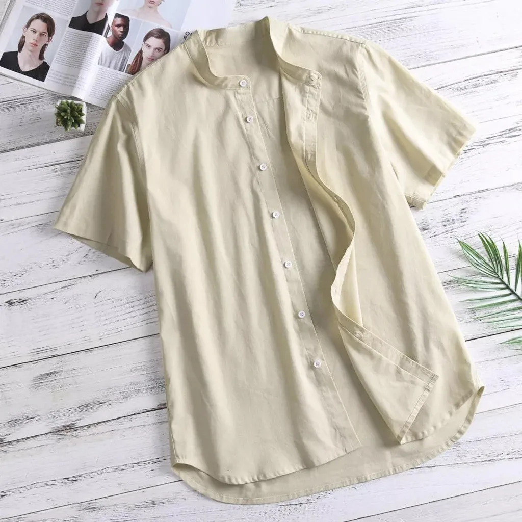 

New M-3XL Men's Baggy Cotton Linen Solid Short Sleeve Button Retro Shirts Tops Blouse Men Clothing Soft Comfortable Men's Shirt