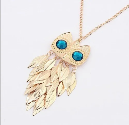 Новая Мода Золотое перо сова Очаровательная цепочка Длинная женская Подвеска