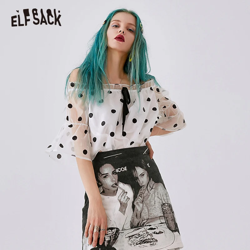 Женская блузка с открытыми плечами ELF SACK белые шифоновые блузки в горошек