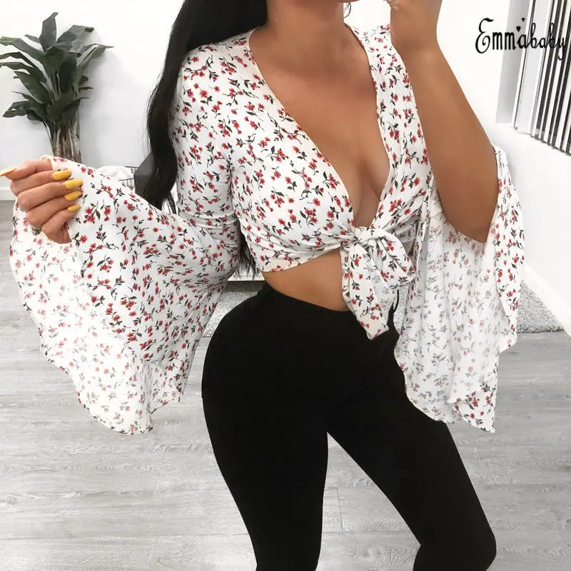 2018 Новый Для женщин Сексуальная V шеи спереди галстук бабочка с расклешенными