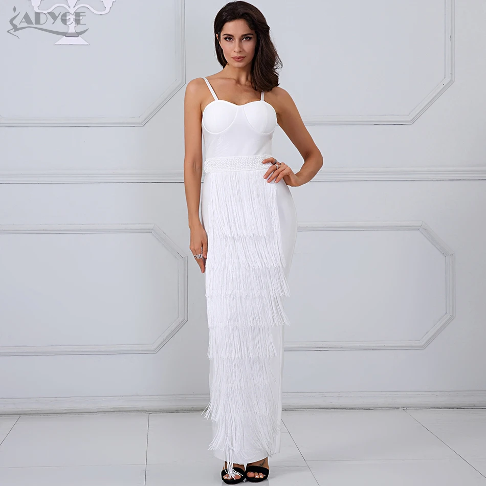 Женское Бандажное платье Adyce Белое Платье макси с кисточками расшитое блестками