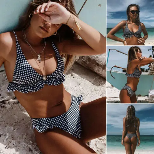 Рюшами в клетку пуш-ап бикини танкини Для женщин Купальники бразильские