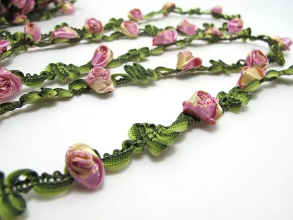 2 ярда тканая лента Rococo с яркими розовыми бутонами цветов | Декоративная