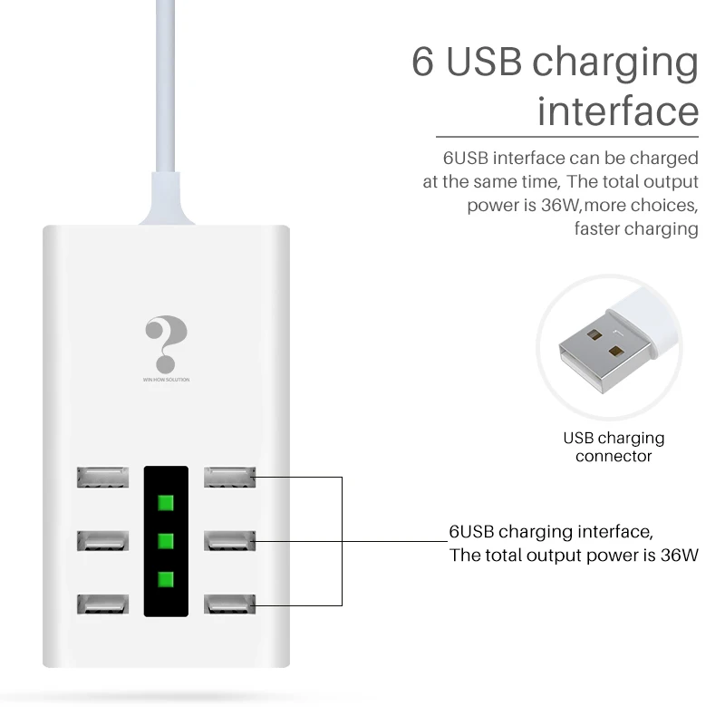 ?WENHAO 7.2A 6 Port Usb Charger Power 36W Charging Station For Iphone Ipad Samsung Huawei Xiaomi Dv Ac Adapter(Eu Plug) | Электроника