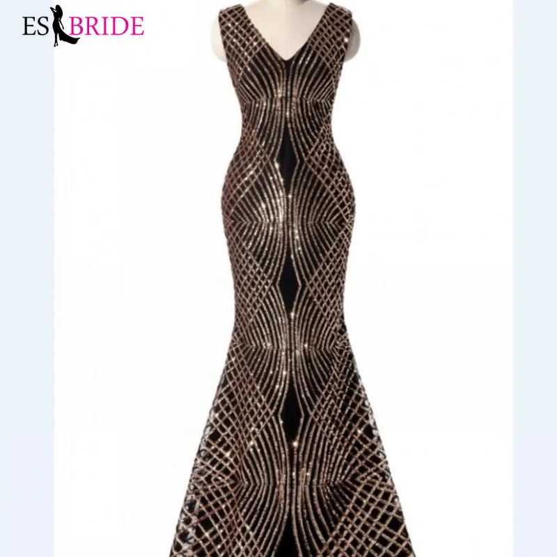 Роскошное вечернее платье русалки Золотое блестящее с бусинами длинное