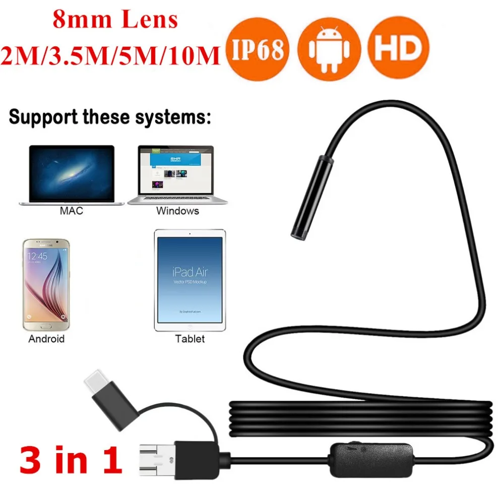 

8mm Lens USB Type-C Endoscope 2m/5m/10m Cable 1200P HD Borescope Tube Waterproof IP67 Inspection Camera For Android Windows