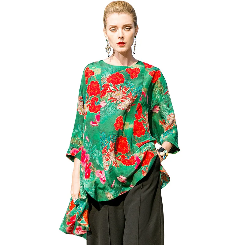 POKWAI Casual Floral Summer Silk Blouse Shirt Women Fashion 2018 New High Quality Batwing Sleeve O-Neck Spliced Chiffon Tops |