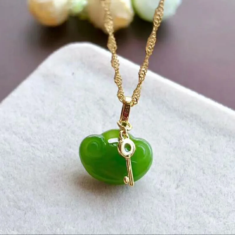 

Natural Hetian Jasper Charm Pendant 925 Silver Ruyi and Key Shape Design Blessing Lucky Necklace Lovers Gifts