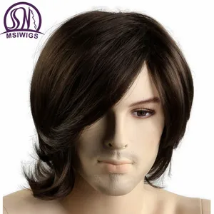 MSIWIGSкороткие синтетические мужские парики, Термостойкое волокно, коричневый цвет, прямой мужской парик с бесплатной сеткой для волос