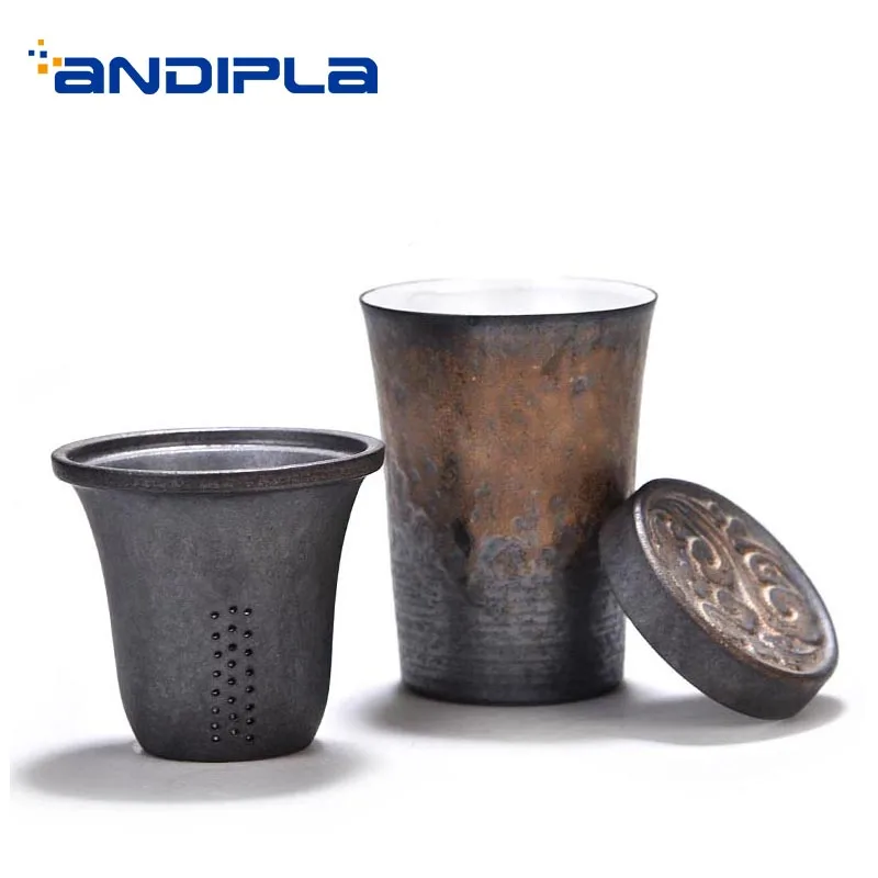 

245ml Japanese Style Kung Fu Tea Cup with Filter Lid Kit Ceramic Coarse Pottery Mug Quik Cup for Tea Milk Coffee Mugs Drinkware