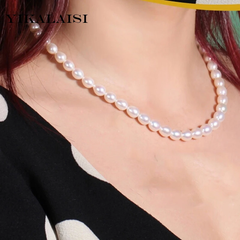 

YIKALAISI 2017 Necklace Pearl Jewelry Natural Freshwater Pearl 7-10mm White Choker Necklace real Silver45 cm Necklace For Women