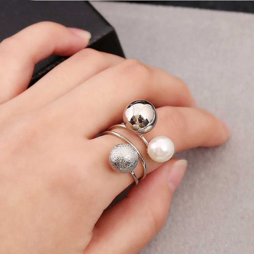 

New Fashion Elegant Women Lovely Girls Simulated Pearl Adjustable Opening Rings With Metal Geometric Balls