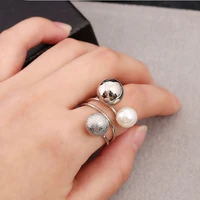 new fashion elegant women lovely girls simulated pearl adjustable opening rings with metal geometric balls