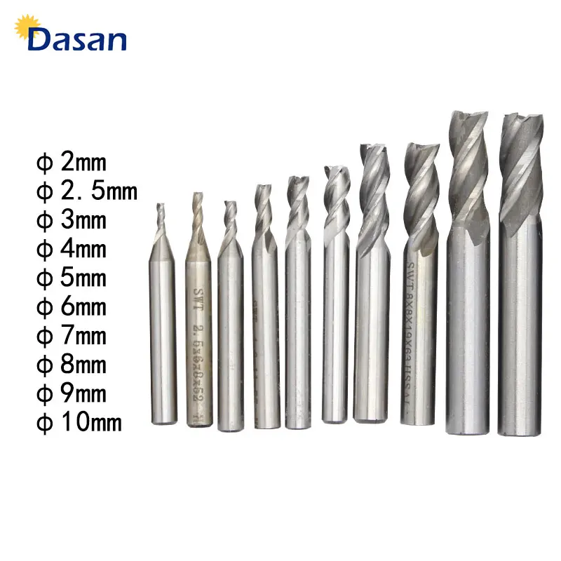 10PCS HSS End Mill 2mm 3mm 4mm 5mm 6mm 8mm 10mm Milling Cutter 2Flute 3Flute 4f CNC Straight Shank Mill Cutter Router Bits Tools
