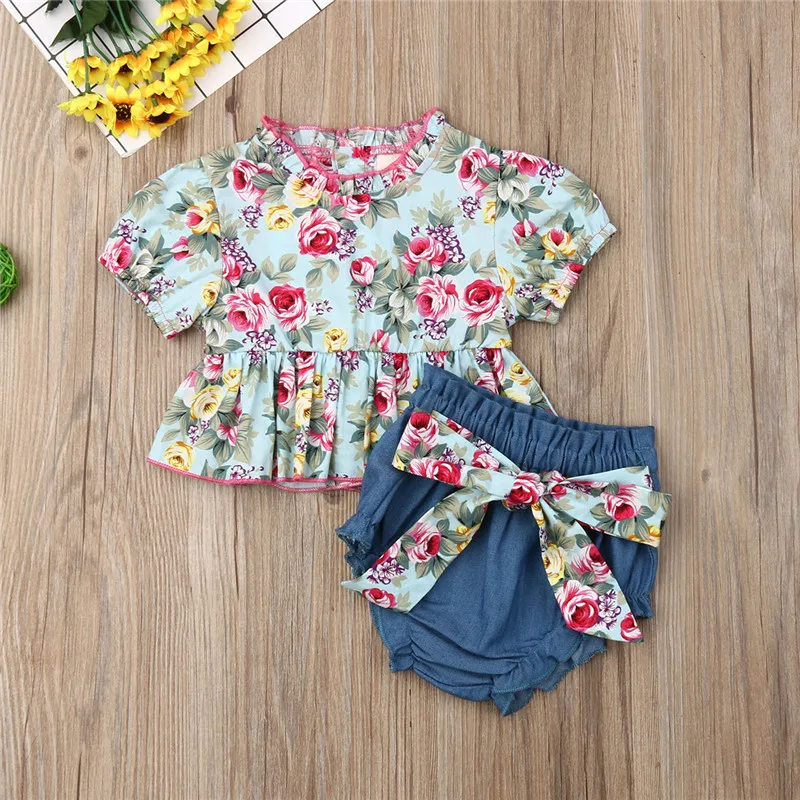 Платье топ с оборками и цветочным рисунком для новорожденных девочек джинсовые