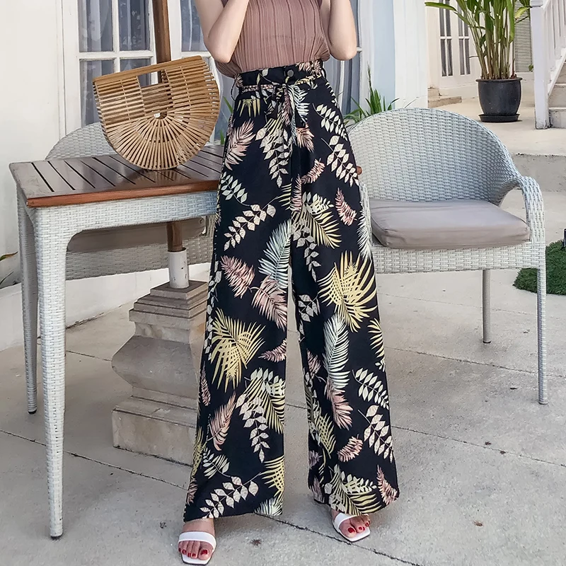 

Pottis Flower pants 2018 new high waist fashion wide leg pants large size bohemian wide leg pants chiffon print casual pants