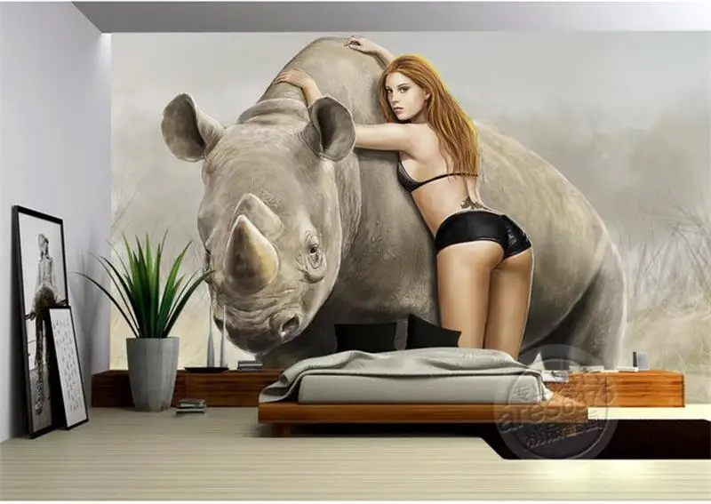3d room wallpaper custom murals non-woven wall sticker Rhino beauty beast painting background photo for | Обустройство дома