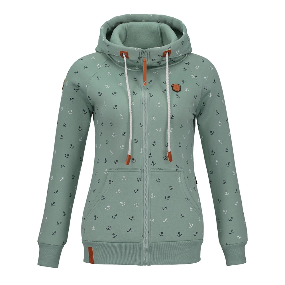 Осенняя Женская толстовка с капюшоном на молнии принтом высоким воротником