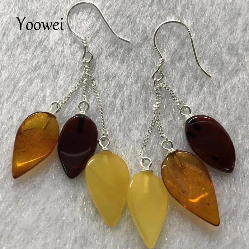

Yoowei New Baltic Amber Earrings for Women Multicolor Teardrop Shape Real Natural Amber Dangling Earrings Leaf Jewelry Wholesale
