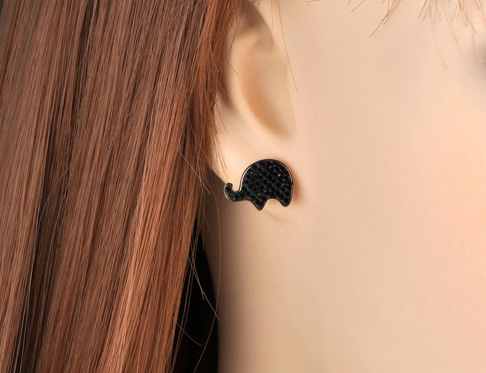 JeeMango Trendy Rose Gold Black Clay Shiny Crystal Elephant Stud Earrings For Women Anniversary Girl's Jewelry JE19099 | Украшения и