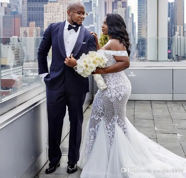 Mermaid Wedding Dresses Modest Plus Size Off Shoulder Trumpet Bridal Gowns Sweep Train Tulle Lace African Dress Custom M | Свадьбы и