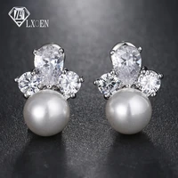 lxoen small round pearl stud earrings for women yellow gold color wedding earrings with aaa zircon jewelry gift pendientes