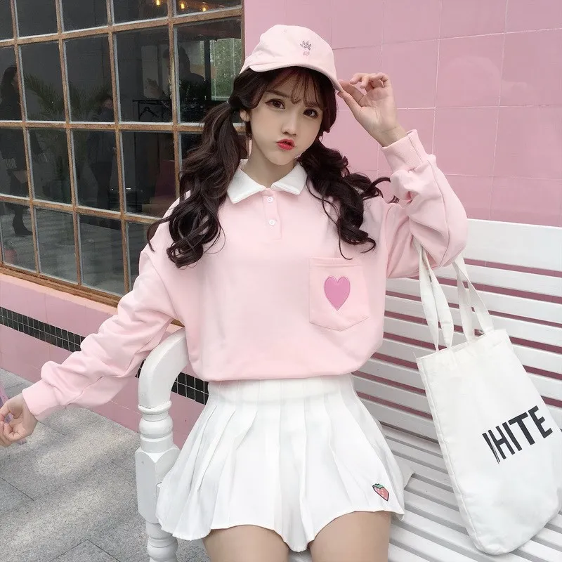 Осенняя японская розовая толстовка с длинными рукавами Harajuku с милой вышивкой, Новая повседневная свободная Ulzzang Толстовка большого размера