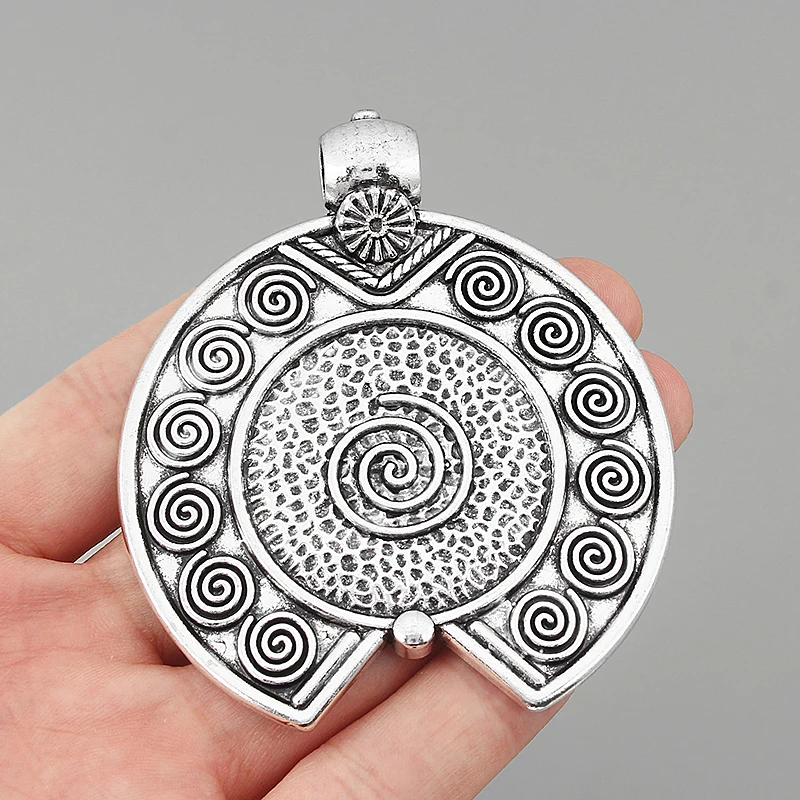 2PCS Antique Silver Large Hammered Carved Spiral Vortex Round Charms Pendants for Necklace Making Jewelry Findings 80x70mm
