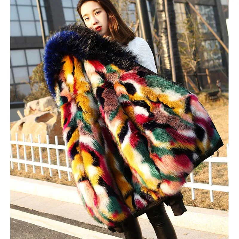 

2019 Women Winter Fox hair down Jacket oversized chic Coat Real Fox Fur hooded Collar Parka Thick Warm Outerwear AA-368